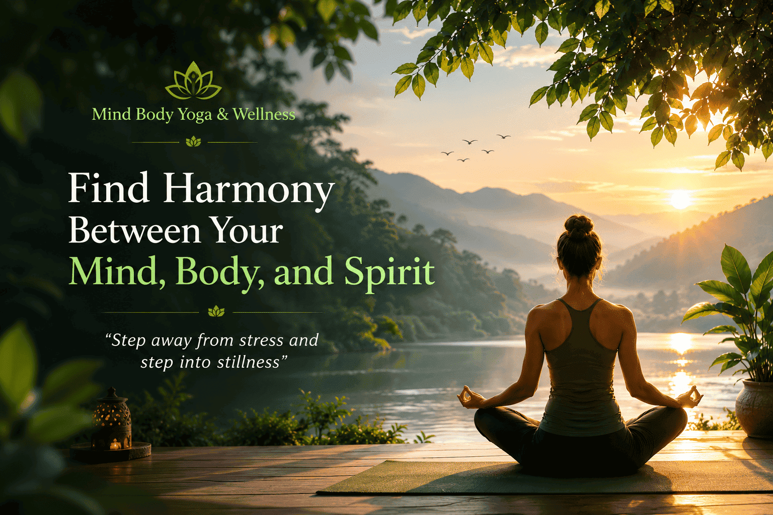 Mind Body Yoga and Wellness meditation by a peaceful lake